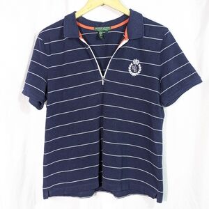 Lauren Active Short Sleeve 1/4 Zip Polo Shirt Blue White Striped Cotton Sz L